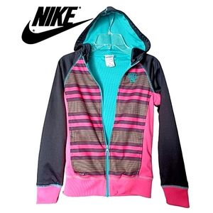 NIKE Stripe Multicolor Girls Hooded Thermal Fit Sportswear Jacket EUC